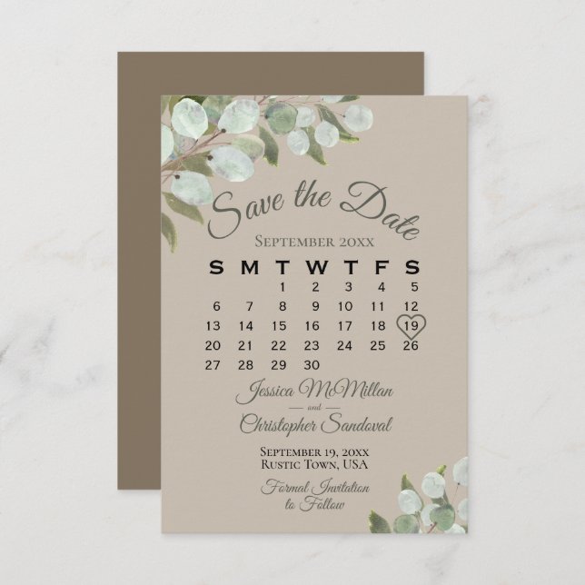 Rustic Eucalyptus Greenery Calendar Tan Wedding Save The Date (Front/Back)