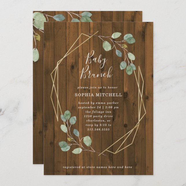 Rustic Eucalyptus Greenery Geometric Baby Brunch Invitation (Front/Back)
