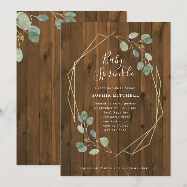 Rustic Eucalyptus Greenery Geometric Baby Sprinkle Invitation (Front/Back)