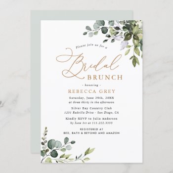 Rustic Eucalyptus Greenery Gold Bridal Brunch Invitation by PeachBloome at Zazzle