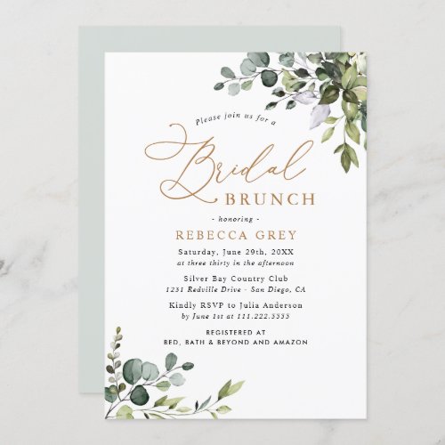 Rustic Eucalyptus Greenery Gold Bridal Brunch Invitation