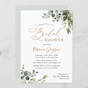 Rustic Eucalyptus Greenery Gold Bridal Shower Invi Invitation by PeachBloome at Zazzle