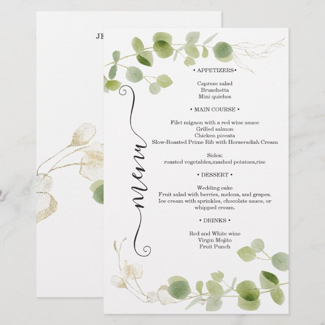Rustic Eucalyptus Greenery Gold Chic Wedding Menu (Front/Back)