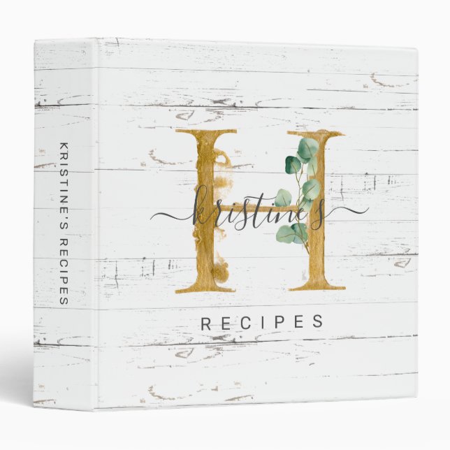 Rustic Eucalyptus Greenery Gold Monogram H Recipe 3 Ring Binder (Front/Spine)