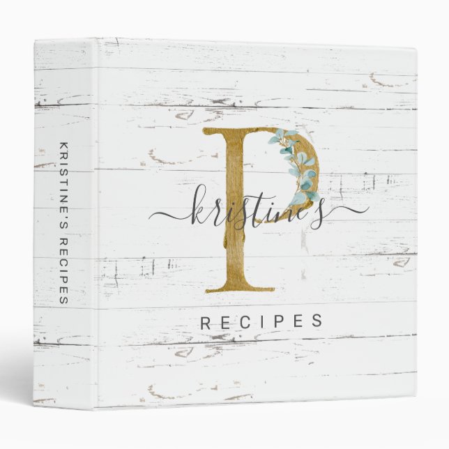 Rustic Eucalyptus Greenery Gold Monogram P Recipe 3 Ring Binder (Front/Spine)