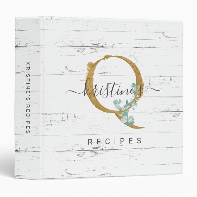 Rustic Eucalyptus Greenery Gold Monogram Q Recipe 3 Ring Binder (Front/Spine)