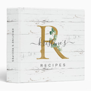 Rustic Eucalyptus Greenery Gold Monogram R Recipe 3 Ring Binder
