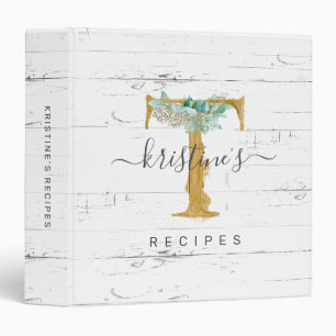 Rustic Eucalyptus Greenery Gold Monogram T Recipe 3 Ring Binder