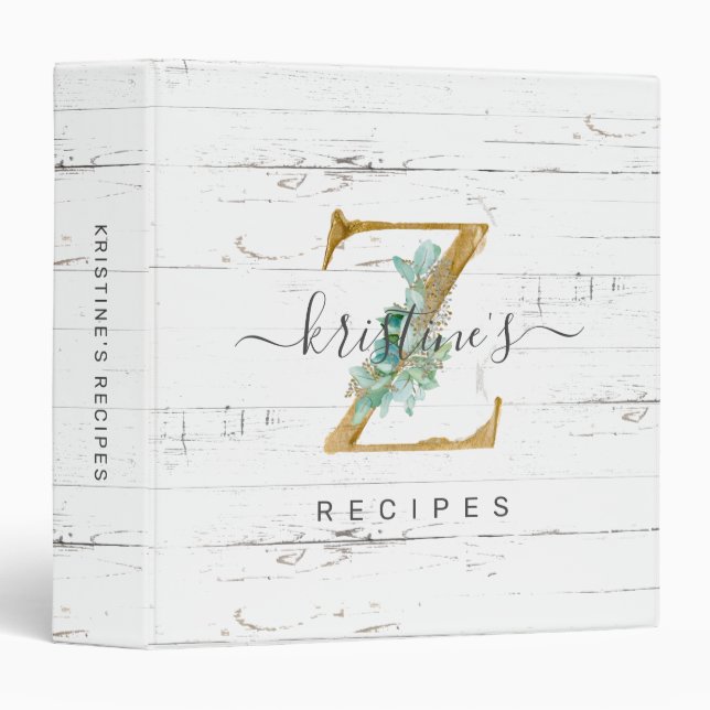 Rustic Eucalyptus Greenery Gold Monogram Z Recipe 3 Ring Binder (Front/Spine)