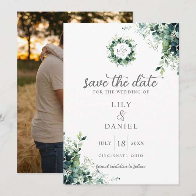 Rustic Eucalyptus Greenery Monogram Photo Wedding Save The Date (Front/Back)
