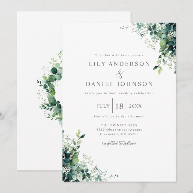 Rustic Eucalyptus Greenery Monogram Wedding Invitation (Front/Back)