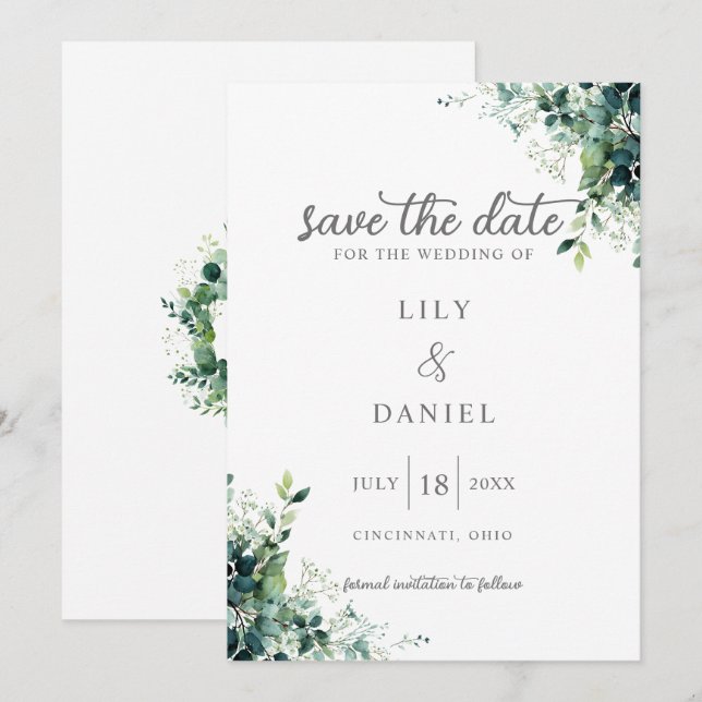 Rustic Eucalyptus Greenery Monogram Wedding Save The Date (Front/Back)