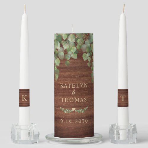 Rustic Eucalyptus Greenery Monogram Wedding Unity Candle Set