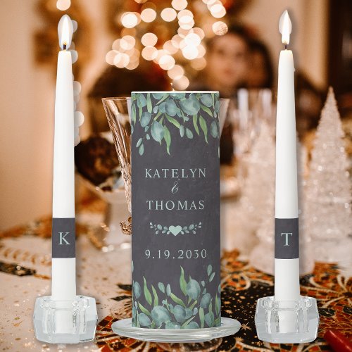 Rustic Eucalyptus Greenery Monogram Wedding Unity Candle Set