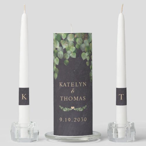 Rustic Eucalyptus Greenery Monogram Wedding Unity Candle Set