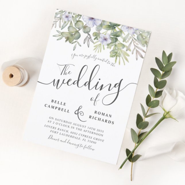 Rustic Eucalyptus Greenery & Purple Floral Wedding Invitation (Creator Uploaded)