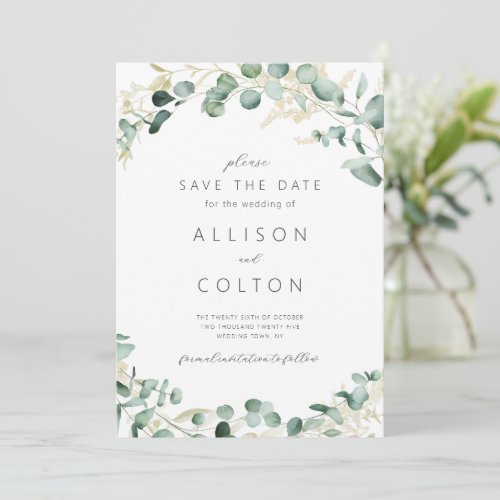 Rustic eucalyptus greenery sage green boho save the date