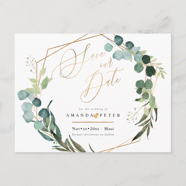 Rustic Eucalyptus, Greenery Save the Date Postcard (Front)