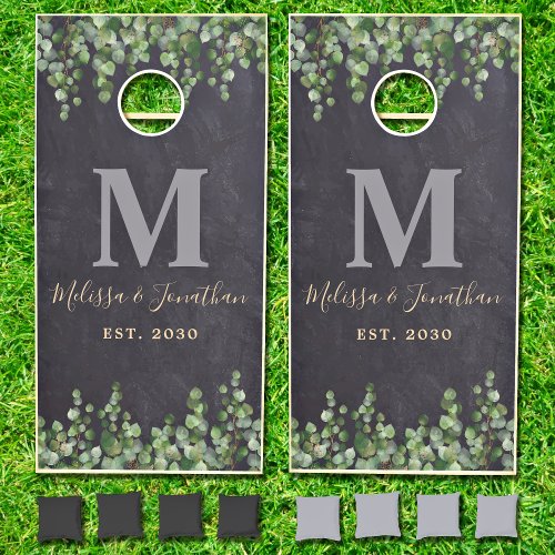 Rustic Eucalyptus Greenery Slate Monogram Wedding  Cornhole Set