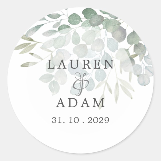 Rustic Eucalyptus Greenery Watercolor Wedding  Classic Round Sticker (Front)