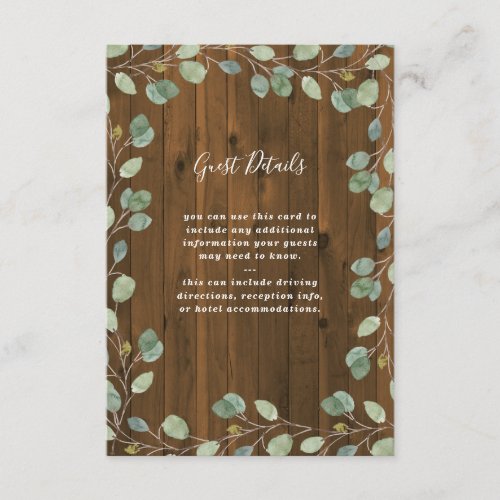 Rustic Eucalyptus Greenery  Wedding Guest Details Enclosure Card