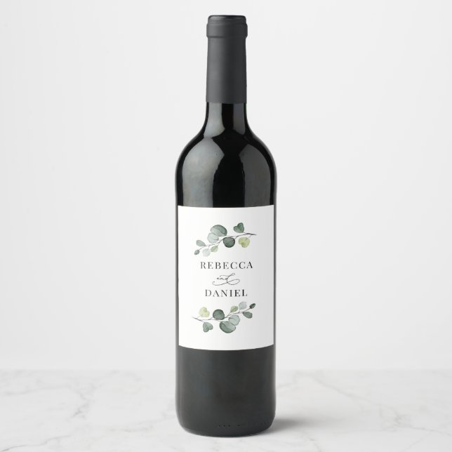 Rustic Eucalyptus Greenery Wedding Personalized Wine Label (Front)