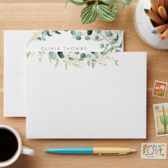 Rustic eucalyptus greenery wedding return address envelope (Desk)