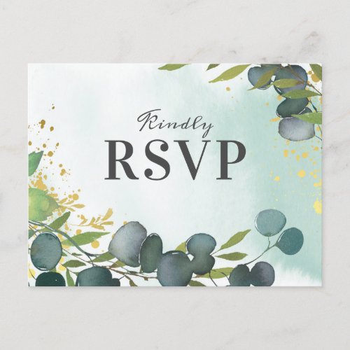 Rustic Eucalyptus Greenery Wedding RSVP Invitation Postcard - Elegant green wedding rsvp postcards featuring a faded watercolor washed out backdrop, botanical eucalyptus leaves, splashes of faux gold foil, and a simple wedding response template that is easy to personalize.