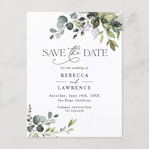 Rustic Eucalyptus Greenery Wedding Save the Date Postcard