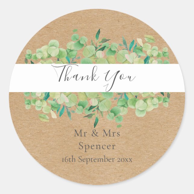 Rustic Eucalyptus Greenery Wedding Thank You Favor Classic Round Sticker (Front)