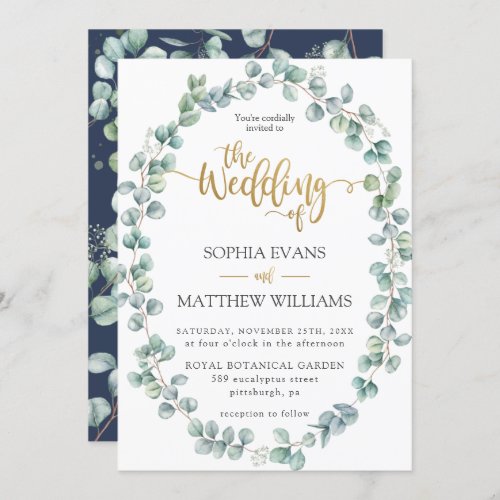Rustic Eucalyptus Greenery Wreath Gold Wedding Invitation