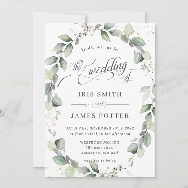 Rustic Eucalyptus Greenery Wreath Leafy Wedding Invitation (Front)