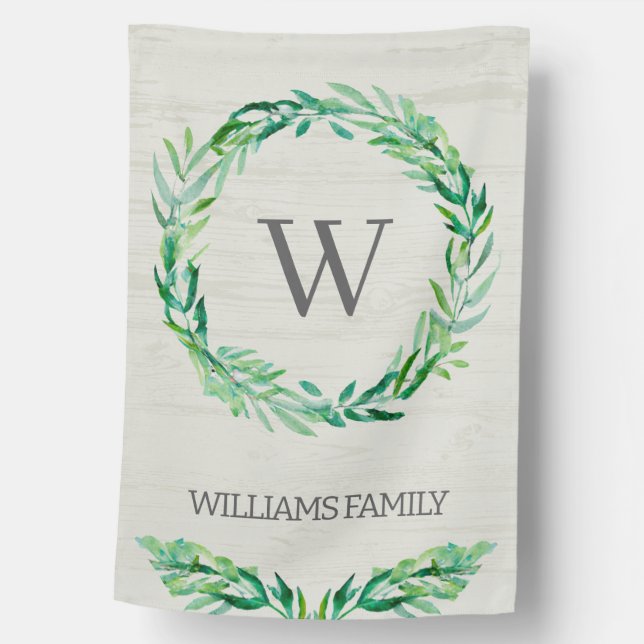 Rustic Eucalyptus Greenery Wreath Monogram Initial House Flag (Front)