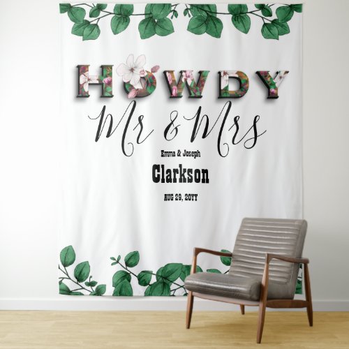 Rustic Eucalyptus Howdy Mr and Mrs Photo Backdrop