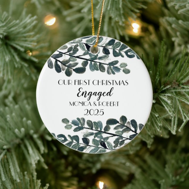 Rustic Eucalyptus Keepsake First Christmas Engaged Ceramic Ornament (Tree)