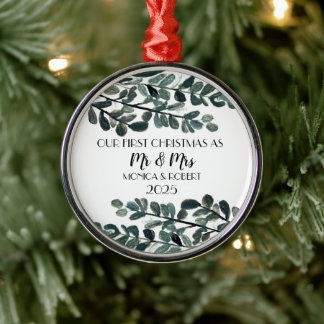 Rustic Eucalyptus Keepsake First Christmas Metal Ornament