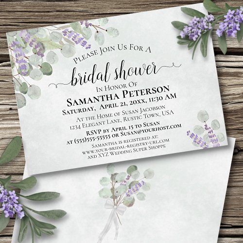 Rustic Eucalyptus  Lavender Elegant Bridal Shower Invitation