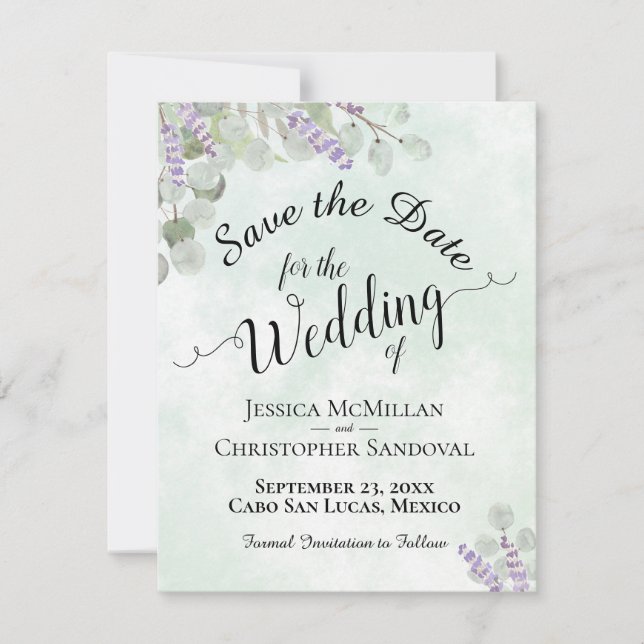 Rustic Eucalyptus & Lavender Elegant Mint Wedding Save The Date (Front)