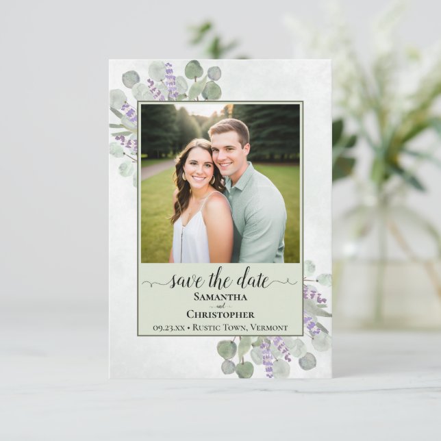 Rustic Eucalyptus & Lavender Green Wedding Photo Save The Date (Standing Front)