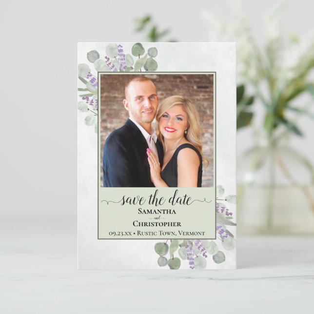 Rustic Eucalyptus & Lavender Green Wedding Photo Save The Date (Standing Front)