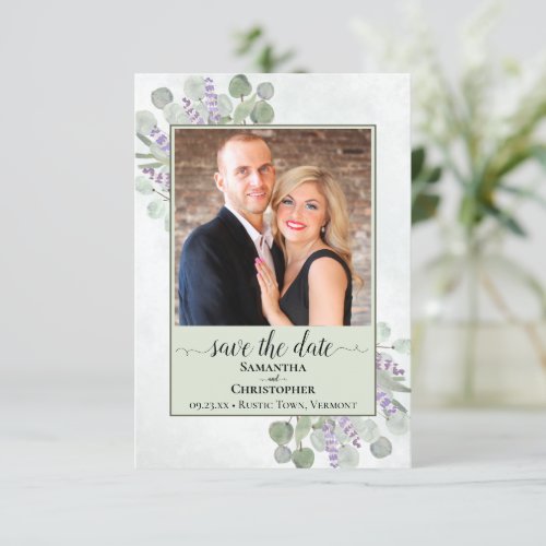 Rustic Eucalyptus  Lavender Green Wedding Photo Save The Date