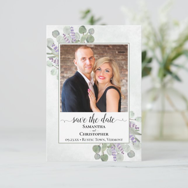 Rustic Eucalyptus & Lavender Photo Simple Wedding Save The Date (Standing Front)