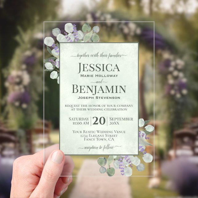 Rustic Eucalyptus & Lavender Stylish Text Wedding Acrylic Invitations (Clear Acrylic with Rectangle Cut)