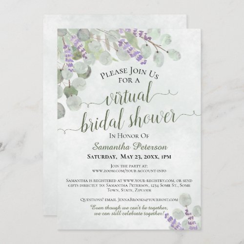 Rustic Eucalyptus  Lavender Virtual Bridal Shower Invitation