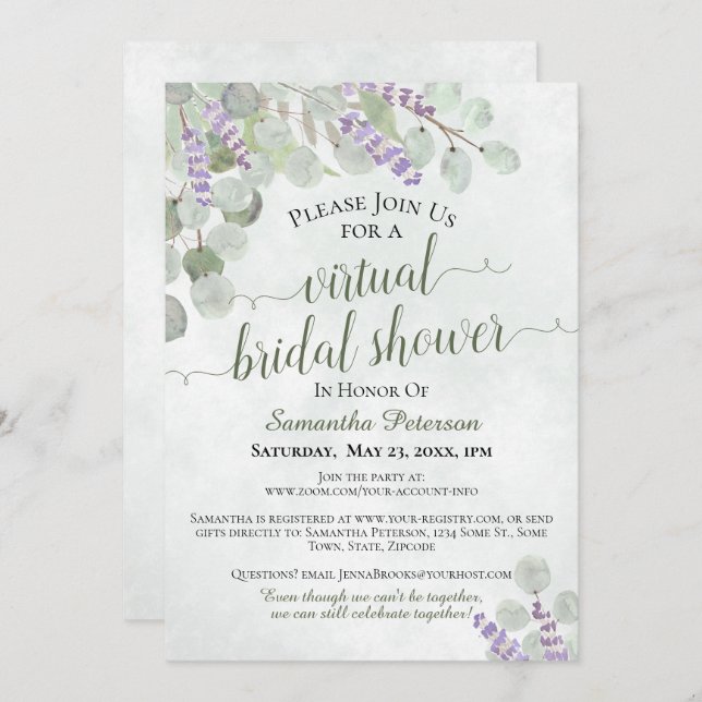 Rustic Eucalyptus & Lavender Virtual Bridal Shower Invitation (Front/Back)