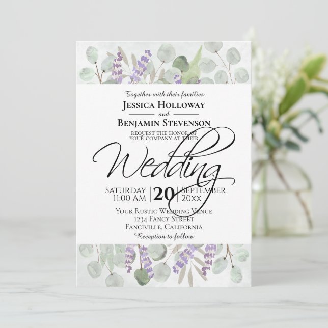 Rustic Eucalyptus & Lavender Watercolor Wedding Invitation (Standing Front)