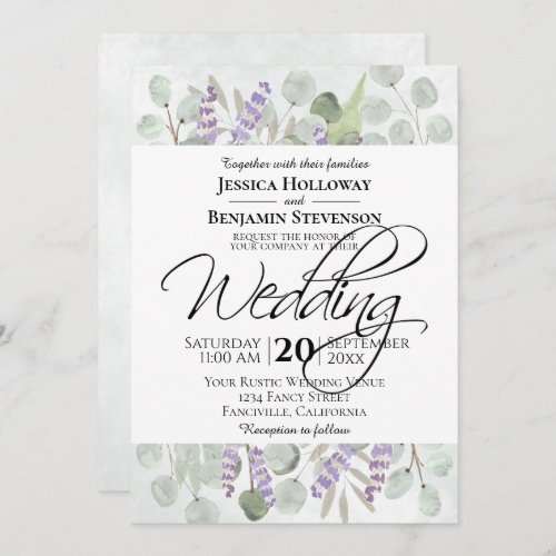 Rustic Eucalyptus  Lavender Watercolor Wedding Invitation