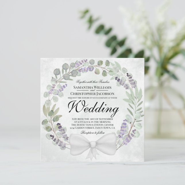 Rustic Eucalyptus & Lavender Wreath Wedding Invitation (Standing Front)