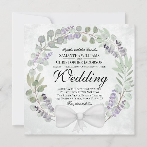 Rustic Eucalyptus  Lavender Wreath Wedding Invitation