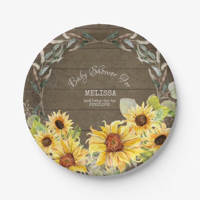 Rustic Eucalyptus Leaf Fall Sunflowers Baby Shower Paper Plates (Front)
